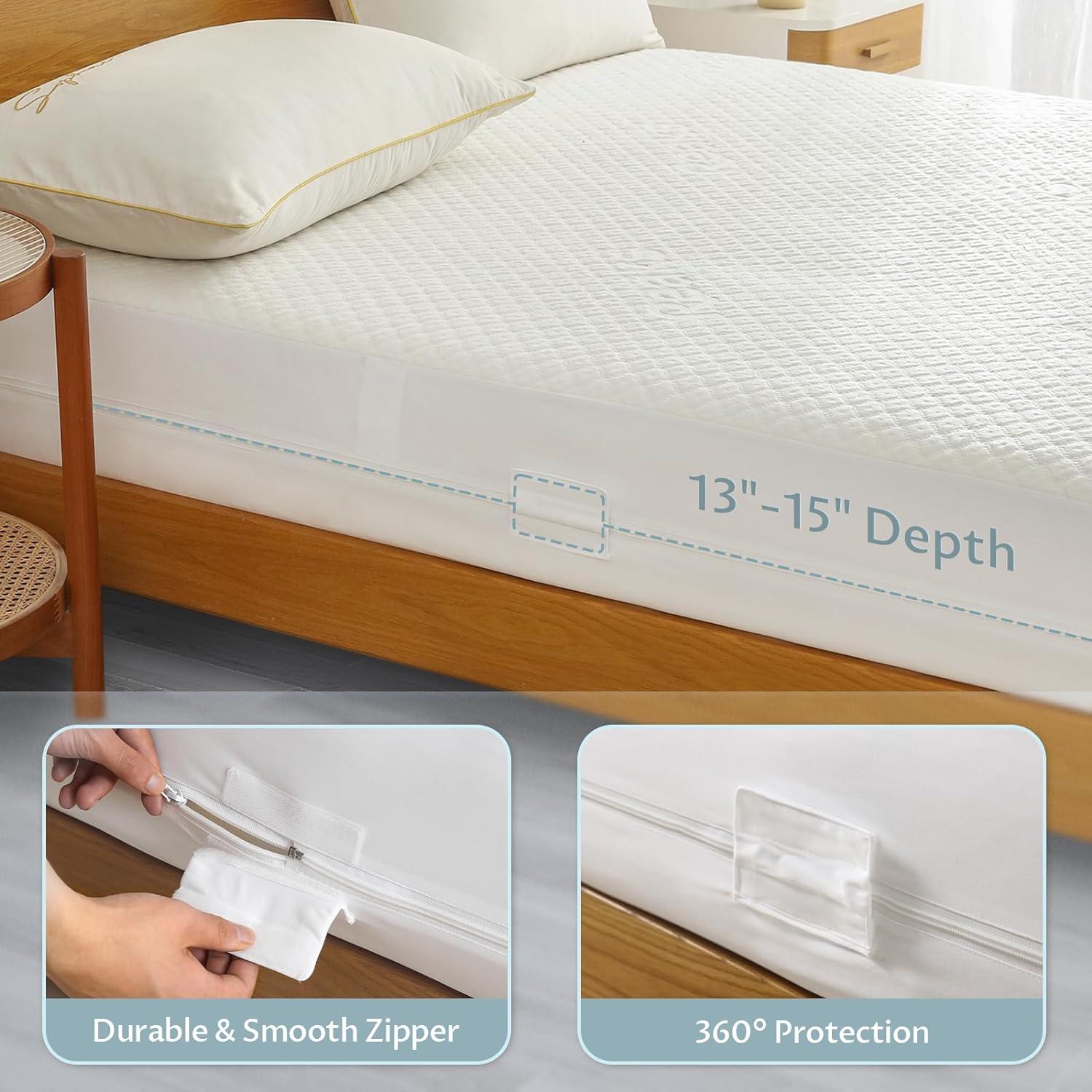 Queen Size Bed Waterproof Bamboo Mattress Protector with Zipper -Cooling Breathable Noiseless Mattress Pad Cover - Top Removable Mattress Encasement 10-12" Deep