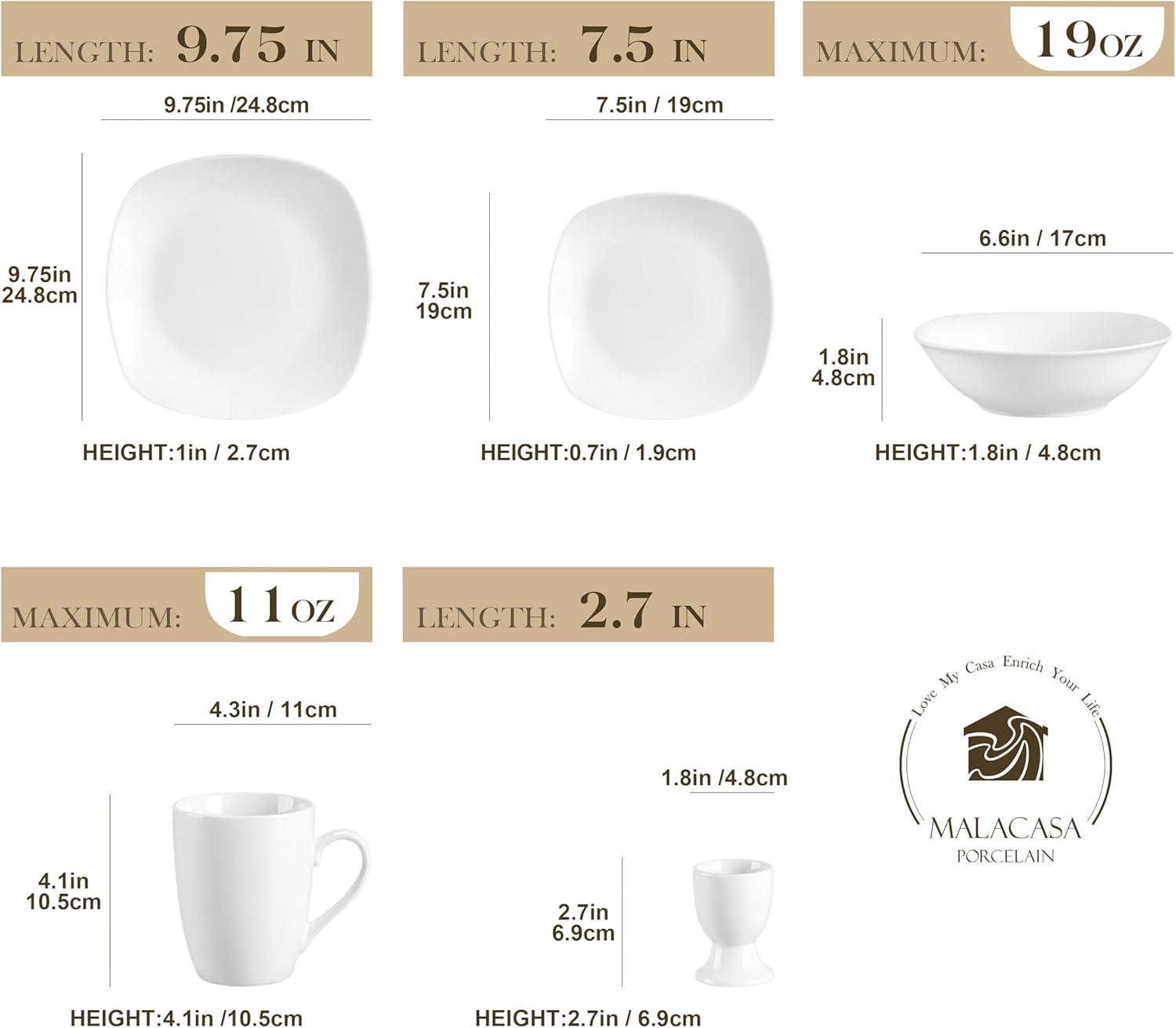 MALACASA Plates and Bowls Set, 12 Pieces Porcelain Dinnerware Sets, Gray White Dishes Set for 4, Chip and Scratch Resistant Square Dishware Sets, Series ELISA