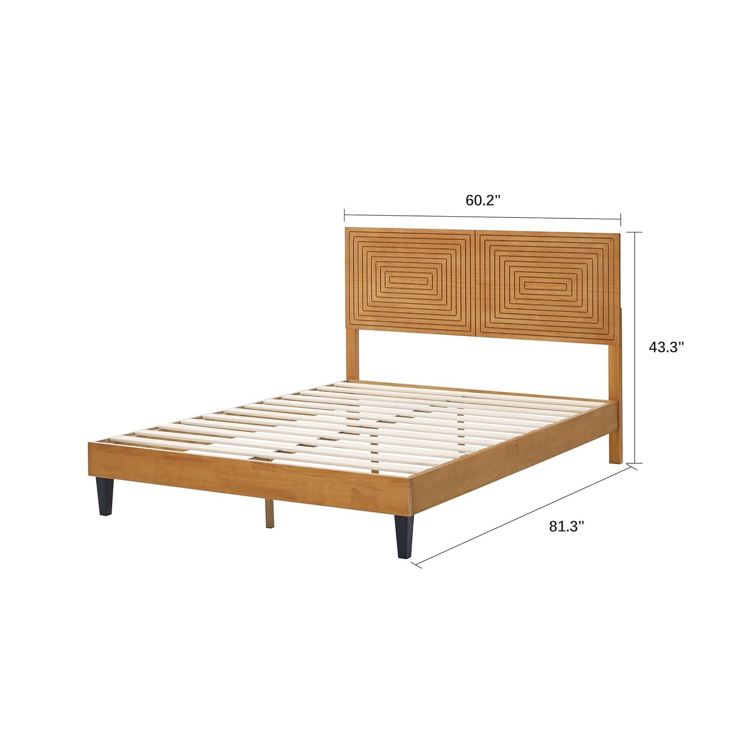 MUSEHOMEINC Solid Wood Queen Size Bed Frame with Adjustable Height Headboard, Mid Century Modern Style, Mattress Foundation with Wooden Slat Support,No Box Spring Needed,Easy Assembly (Queen)