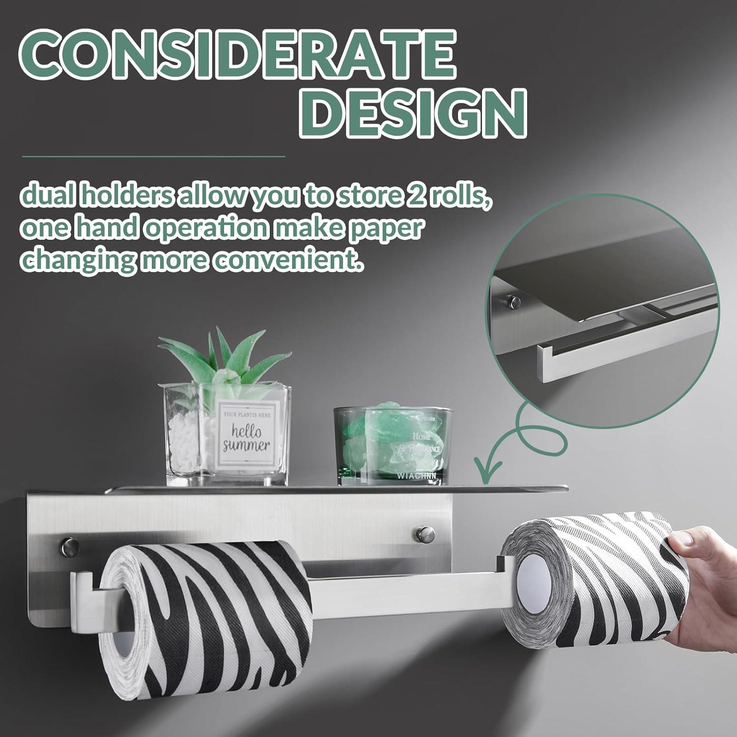 Double Toilet Paper Holder with Shelf Brushed Nickel, Modern Bathroom Accessories SUS 304 Stainless Steel Commercial Tissue Roll Dispenser Mobile Phone Storage Rack Handy Use