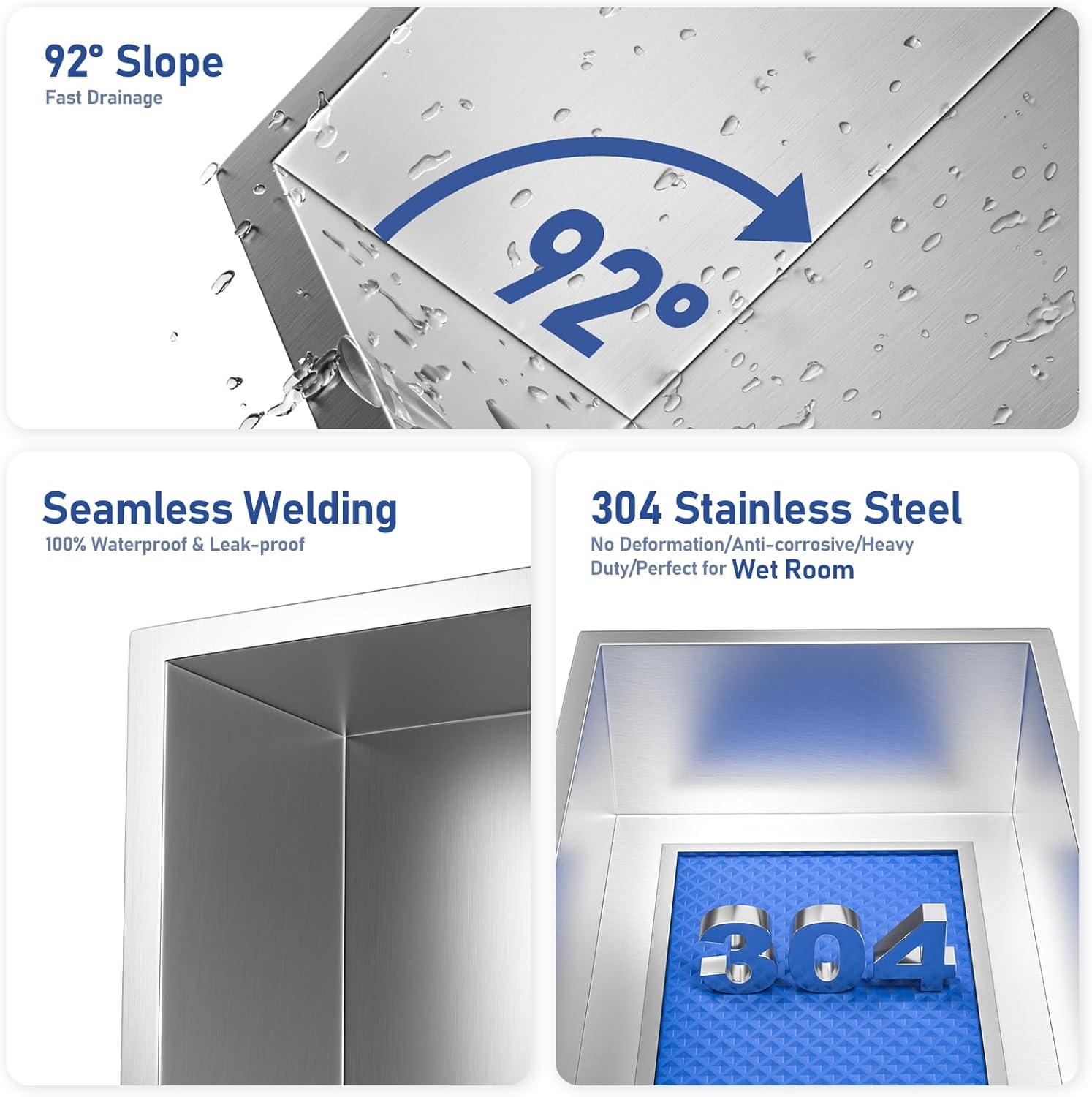 Stainless Steel Shower Niche 24" X 12" Brushed No Tile Needed Niche Shower Recessed Wall Horizontal Niches for Bathroom Storage Over Mount Installation