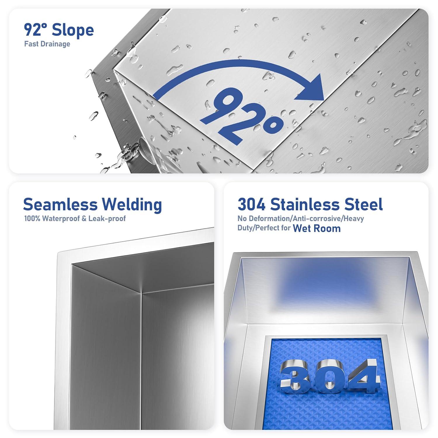 Stainless Steel Shower Niche 24" X 12" Brushed No Tile Needed Niche Shower Recessed Wall Horizontal Niches for Bathroom Storage Over Mount Installation