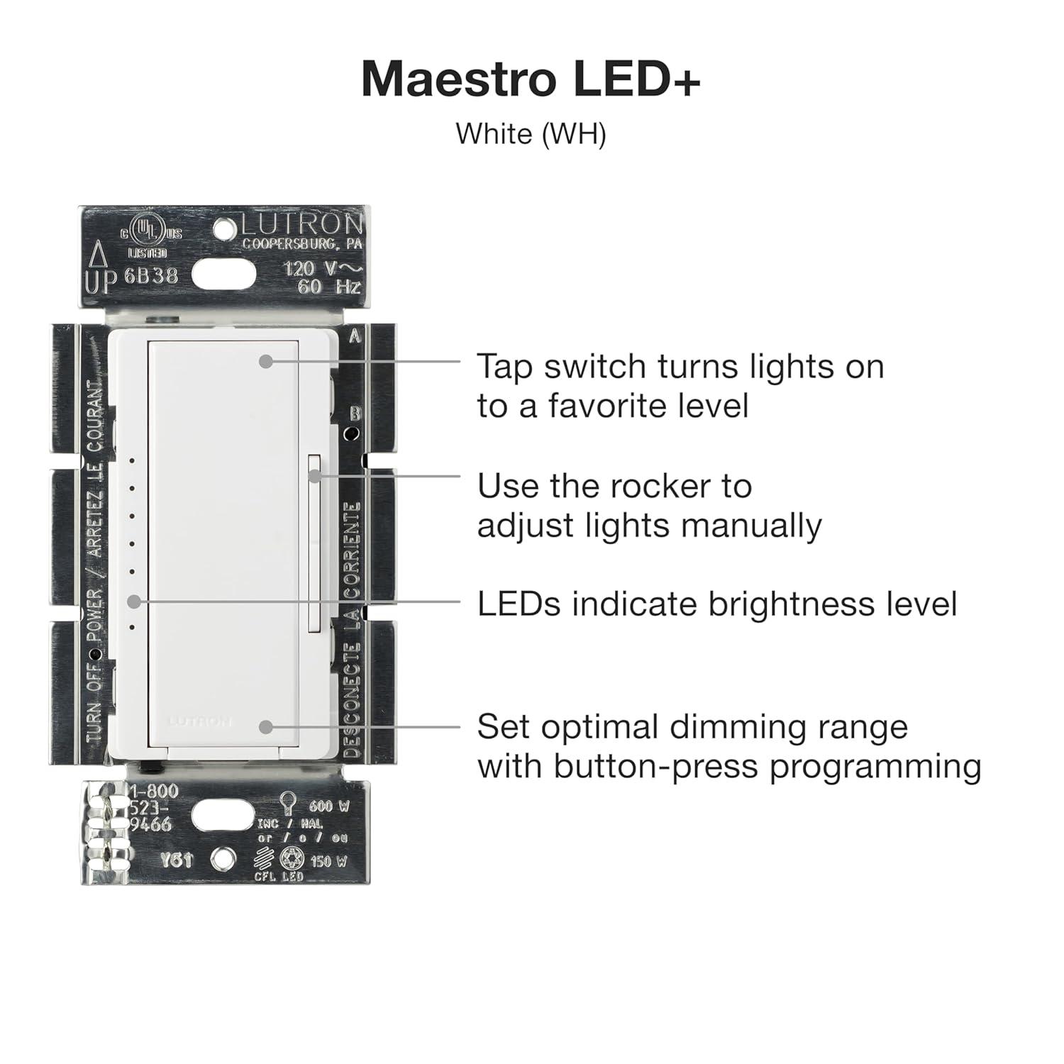 Lutron Maestro C.L Dimmer Switch for Dimmable LED, Halogen & Incandescent Bulbs, Single-Pole or Multi-Location, MACL-153M-WH