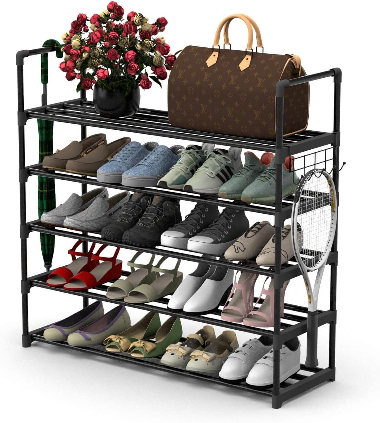 Black 5-Tier Adjustable Metal Shoe Rack with Hooks