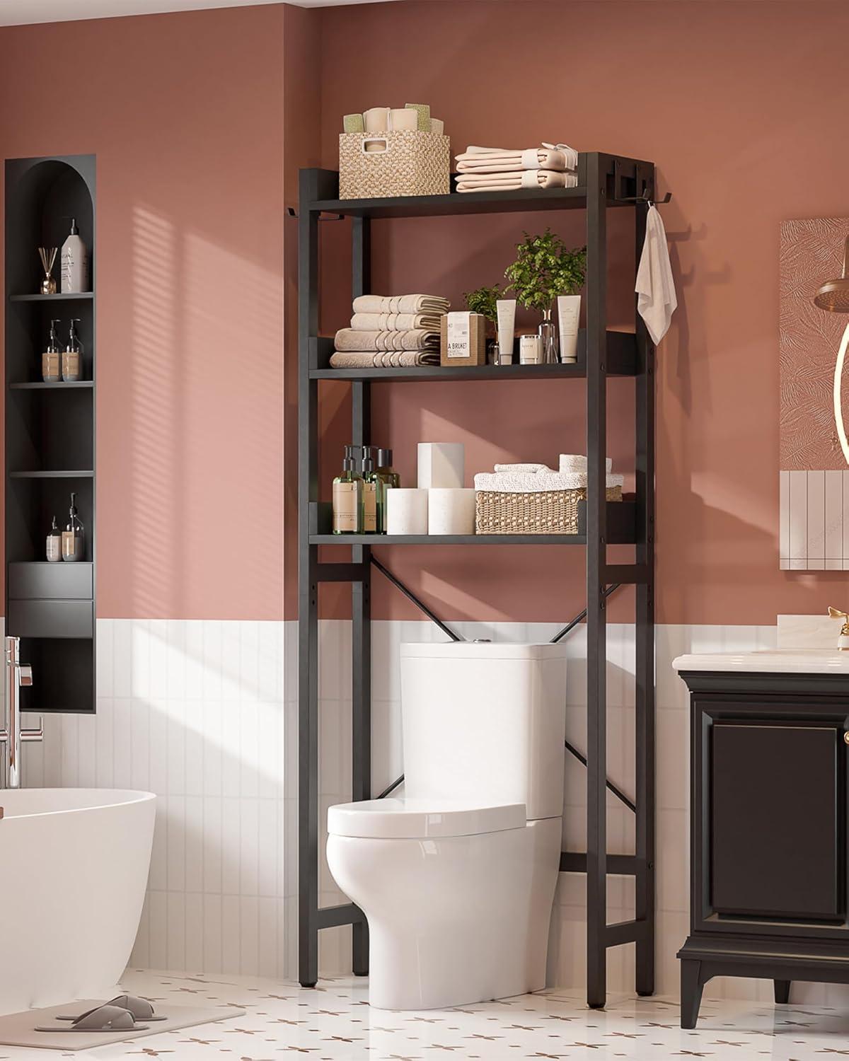 3-Tier Over The Toilet Storage, Space Saver Metal Bathroom Shelves, Freestanding Above Over Toilet Storage Shelf With 4 Hooks For Bathroom, Black