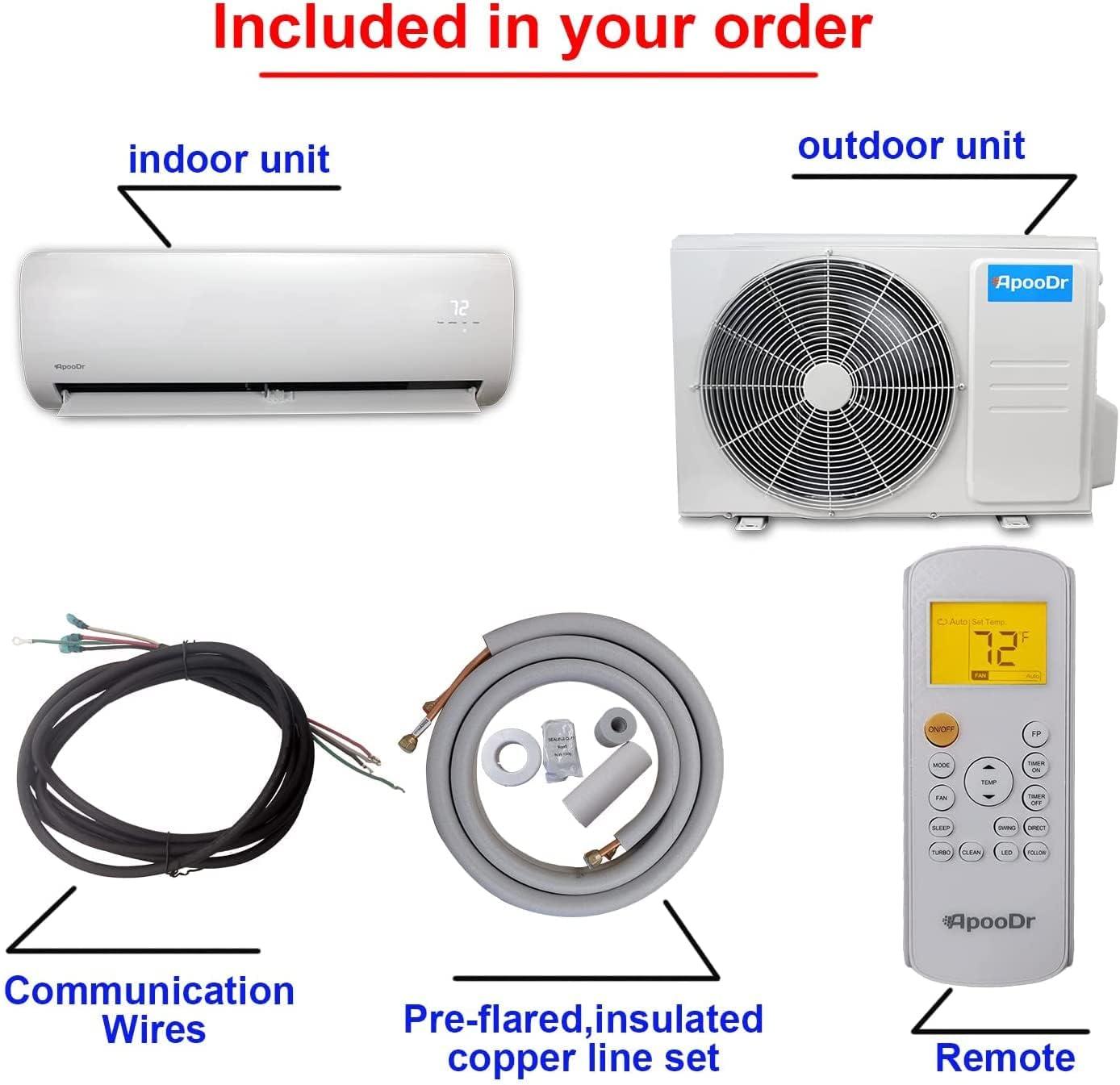 ApooDr 12,000 BTU 17.6 SEER2, 230-Volt, Ductless Mini Split AC with Heat Pump, Wi-Fi, 16Ft. Lineset