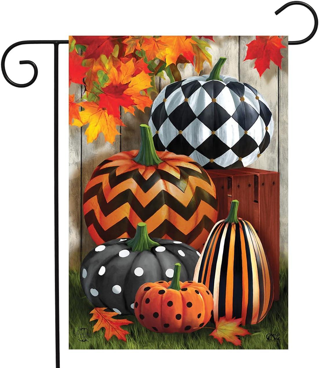 Patterned Pumpkins Autumn Garden Flag with Fall Leaves