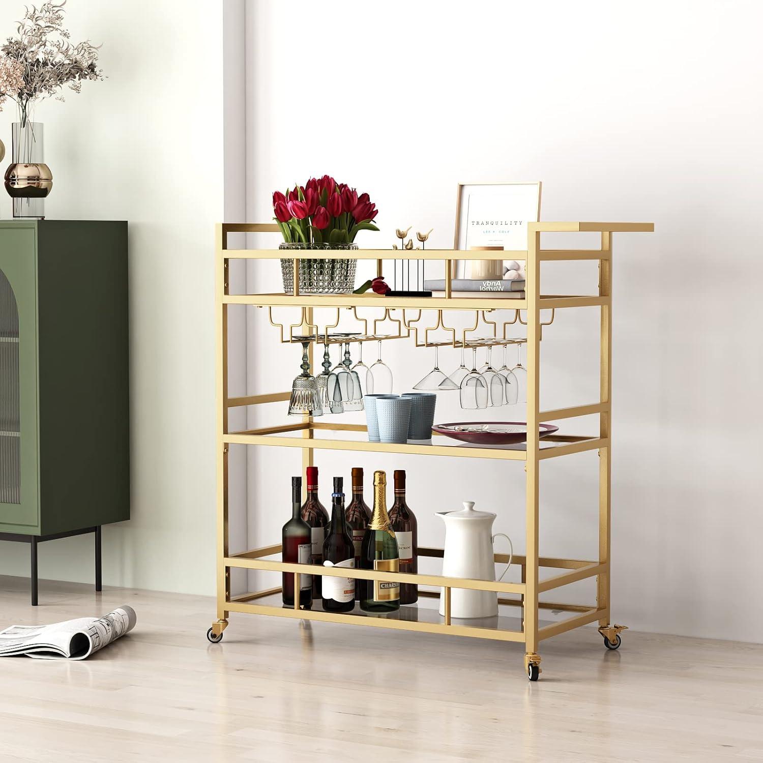 Bar Cart Gold with Bottle Storage and Wine Glass, Rolling Serving Bar Cart on Wheels Indoor & Outdoor, Patio, Gold Kitchen Serving Cart for Party(3-Tier)