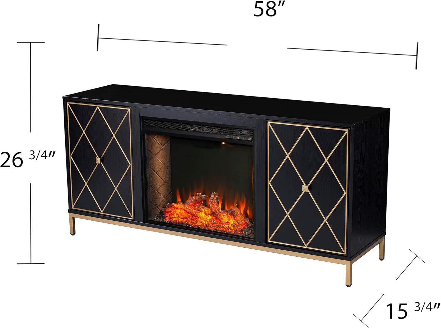 Black Electric Fireplace Media Console with Gold Accents