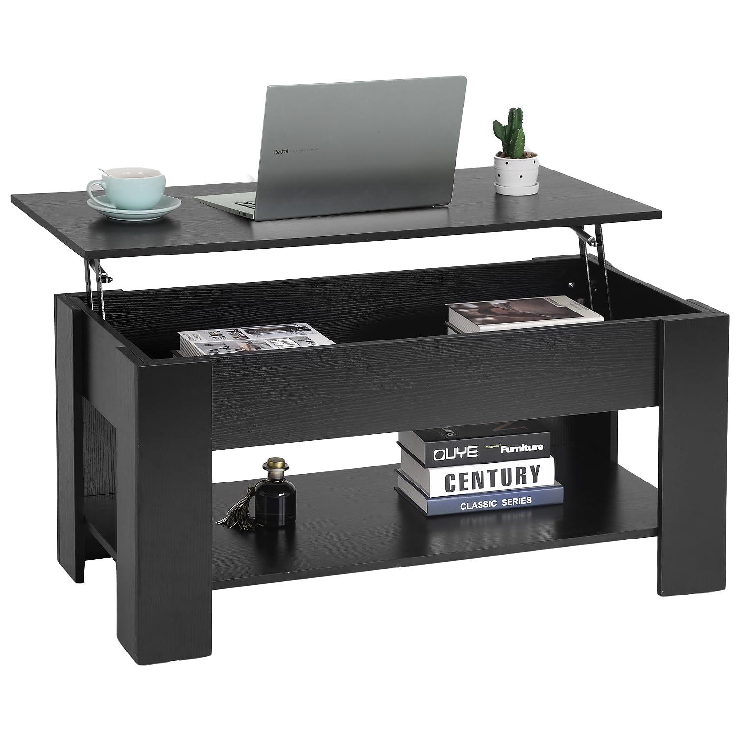 FDW Coffee Tables with Hidden Compartment and Storage Shelf Wooden Lift Tabletop Dining Table for Living Room Home (White)