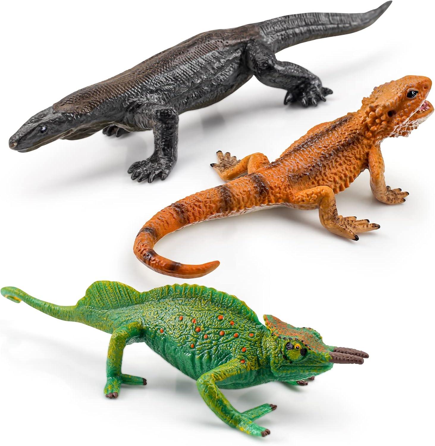 3PCS Plastic Lizard Figure Bearded Dragon Toy Forest Chameleon Woodland Animal Figurines Toys Set Plastic Animals Figure Gift for Kids Birthday 3 4 5 6 Year Old