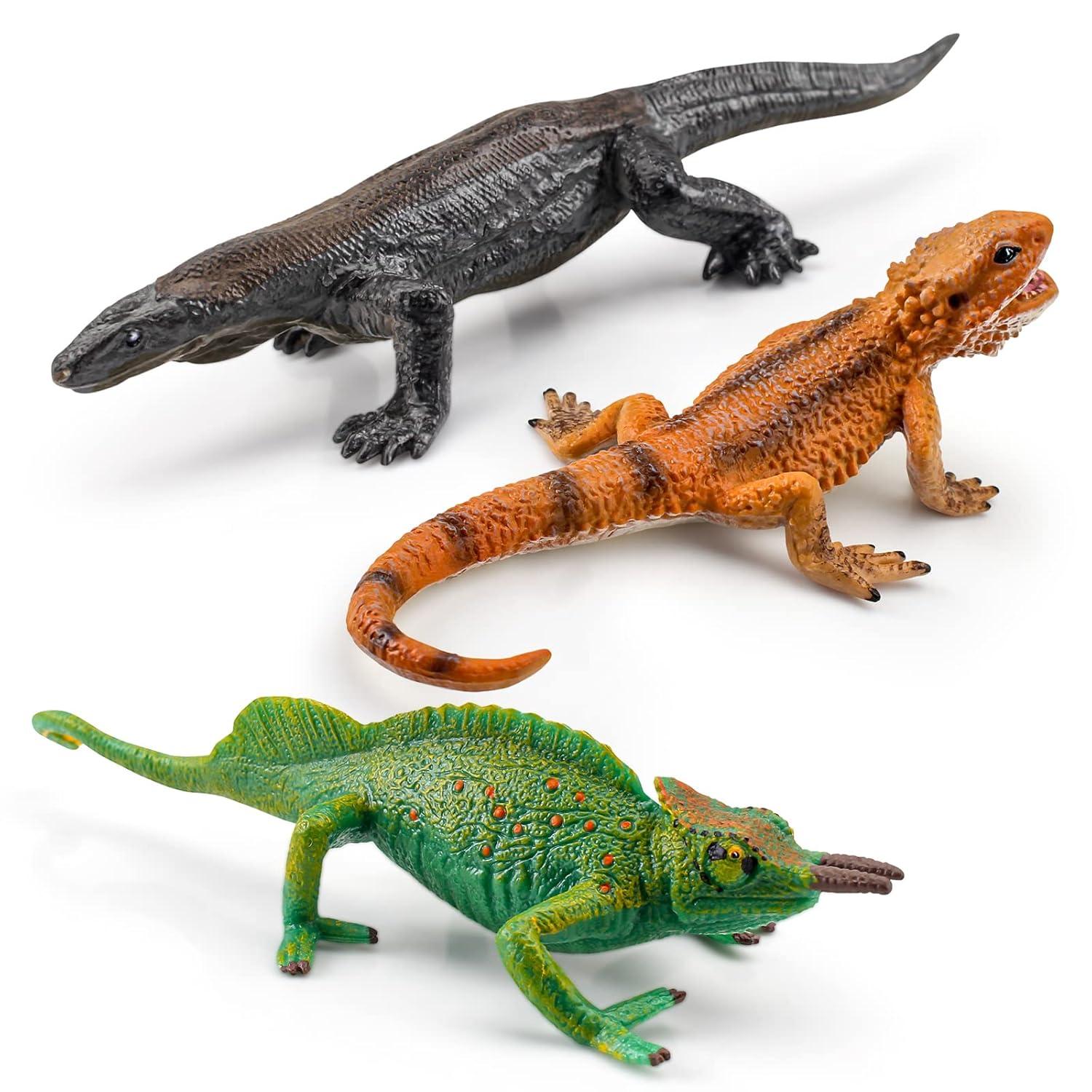 3PCS Plastic Lizard Figure Bearded Dragon Toy Forest Chameleon Woodland Animal Figurines Toys Set Plastic Animals Figure Gift for Kids Birthday 3 4 5 6 Year Old