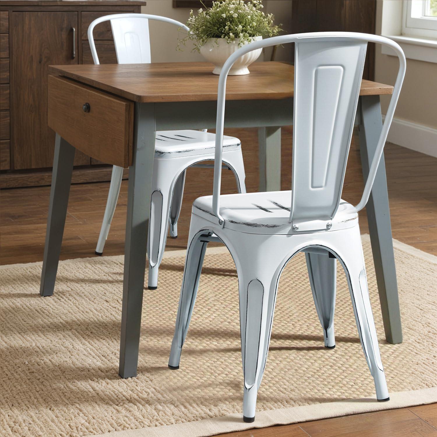 JUMMICO Metal Dining Chair Stackable Indoor Outdoor Industrial Vintage Chairs Bistro Kitchen Cafe Side Chairs with Back Set of 4 (Distressed White)