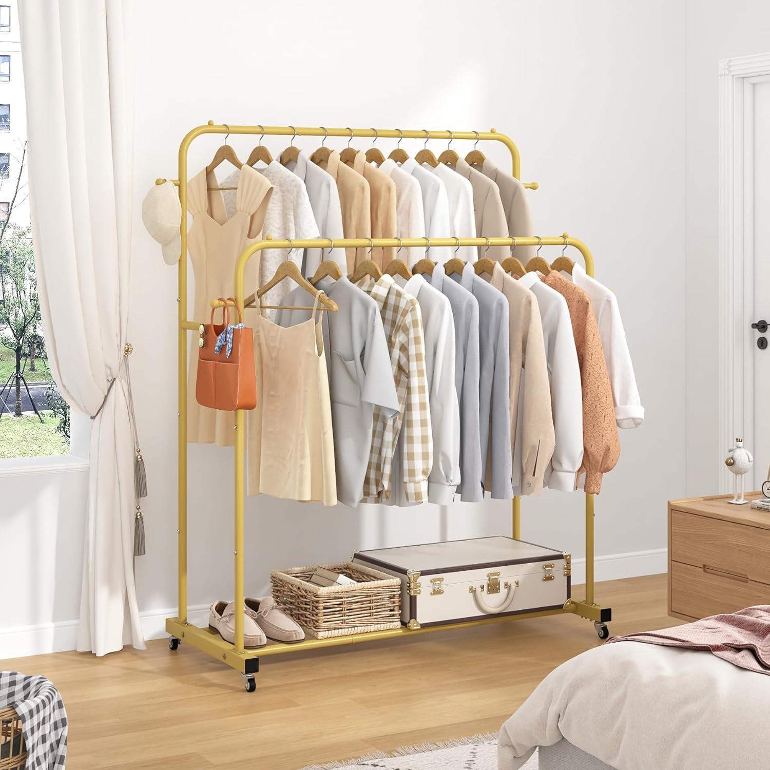 Gold Double Rods Portable Garment Rack with Wheels and Hooks