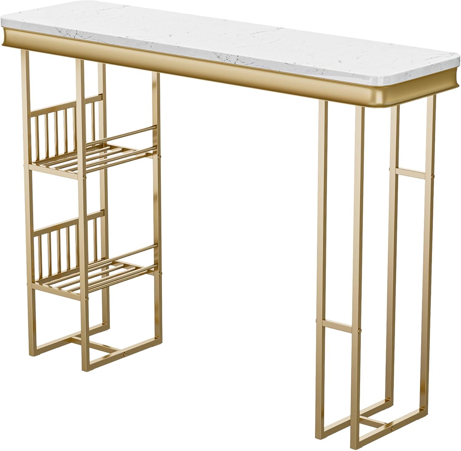 Miekor Furniture 55.1" Modern Straight Bar Table with Shelves in White & Gold W5UAAG