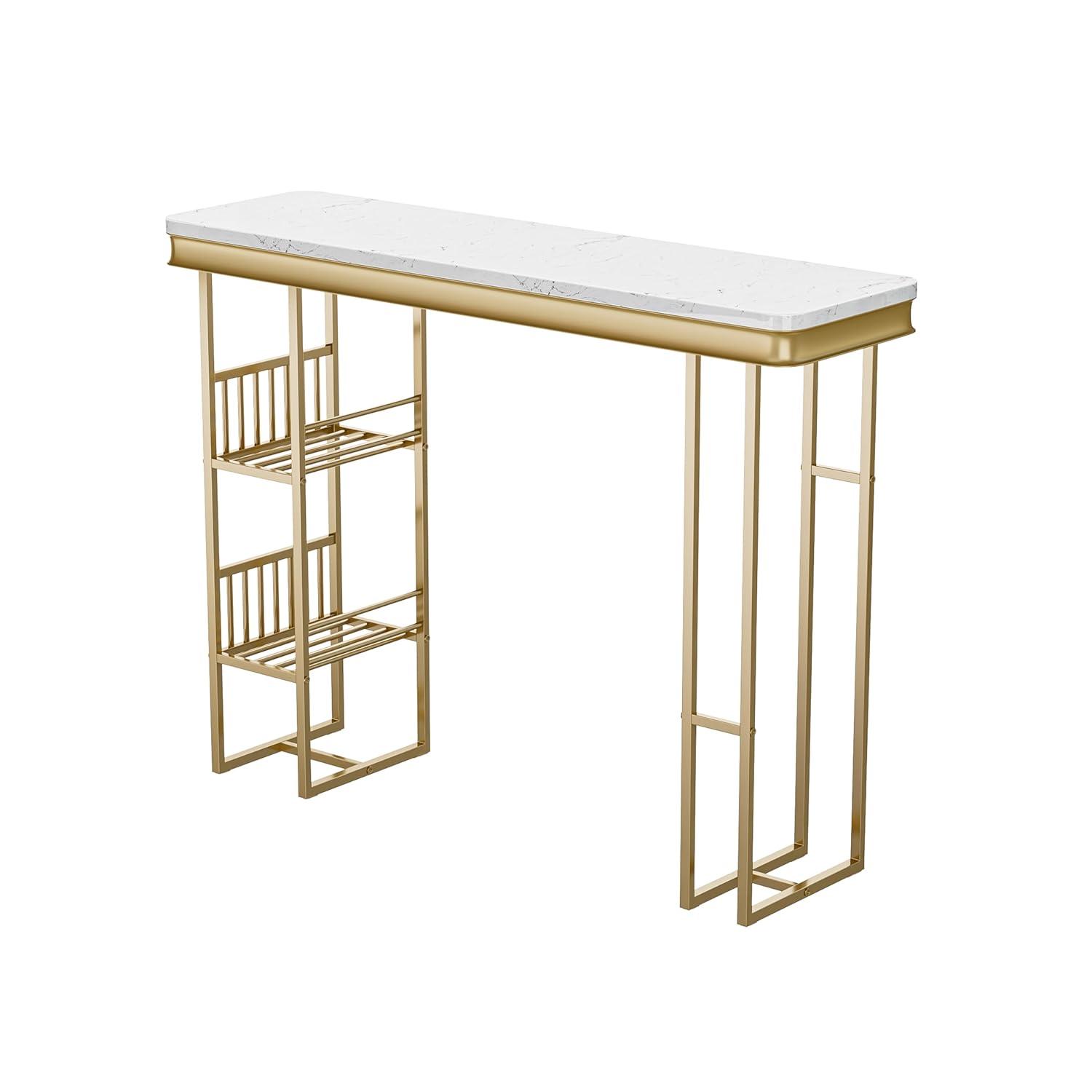 Miekor Furniture 55.1" Modern Straight Bar Table with Shelves in White & Gold W5UAAG