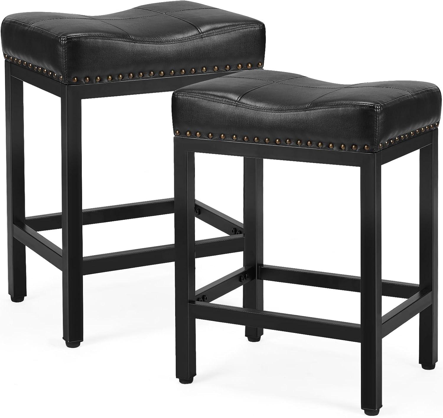 edx Bar Stools Set of 2, Modern Counter Height, 24 Inch Kitchen Barstools with Metal Base, PU Leather Saddle Seats for Kitchen Island, Black