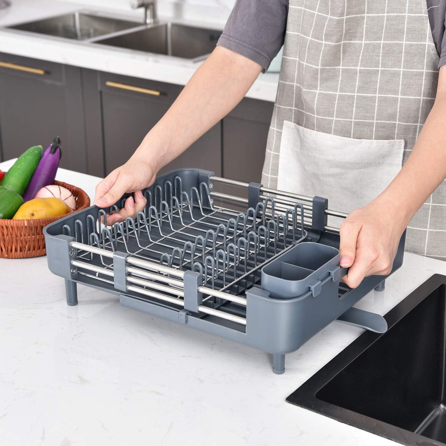 Gray Extendable Stainless Steel Dish Rack with Utensil Cup