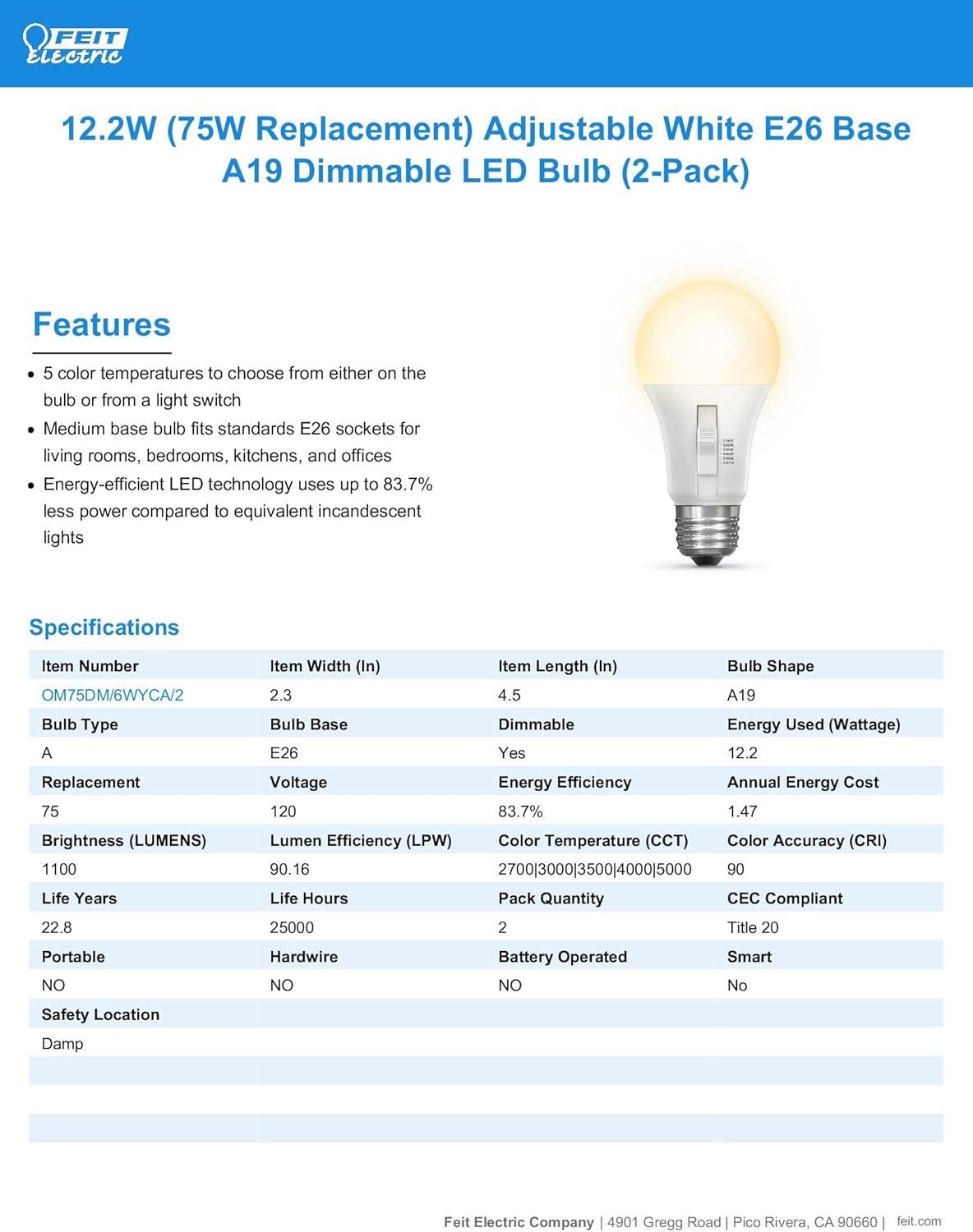 Feit Electric A19 E26 (Medium) LED Light Bulb Tunable White/Color Changing 75 Watt Equivalence 2 pk