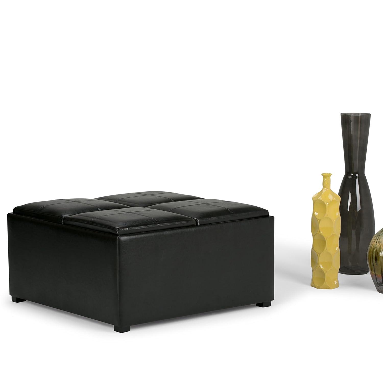Simpli Home Avalon 35"W Upholstered Square Coffee Table Storage Ottoman with Flip-Over Trays