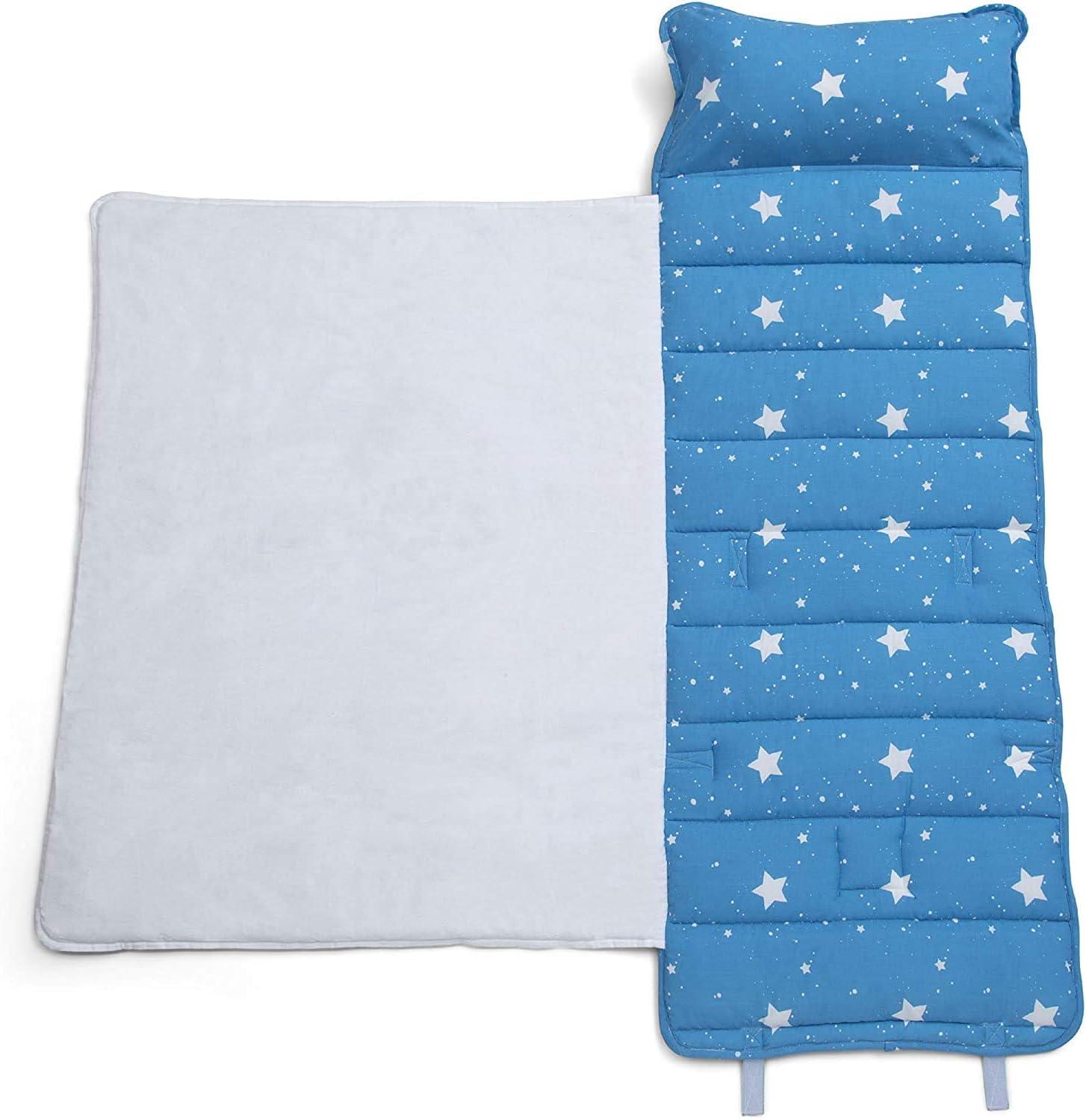 Delta Children Nap Mat with Included Pillow and Blanket for Toddlers and Kids | Features Carry Handle with Strap Closure | Rollup Design | Ideal for Preschool and Daycare, Deep Space