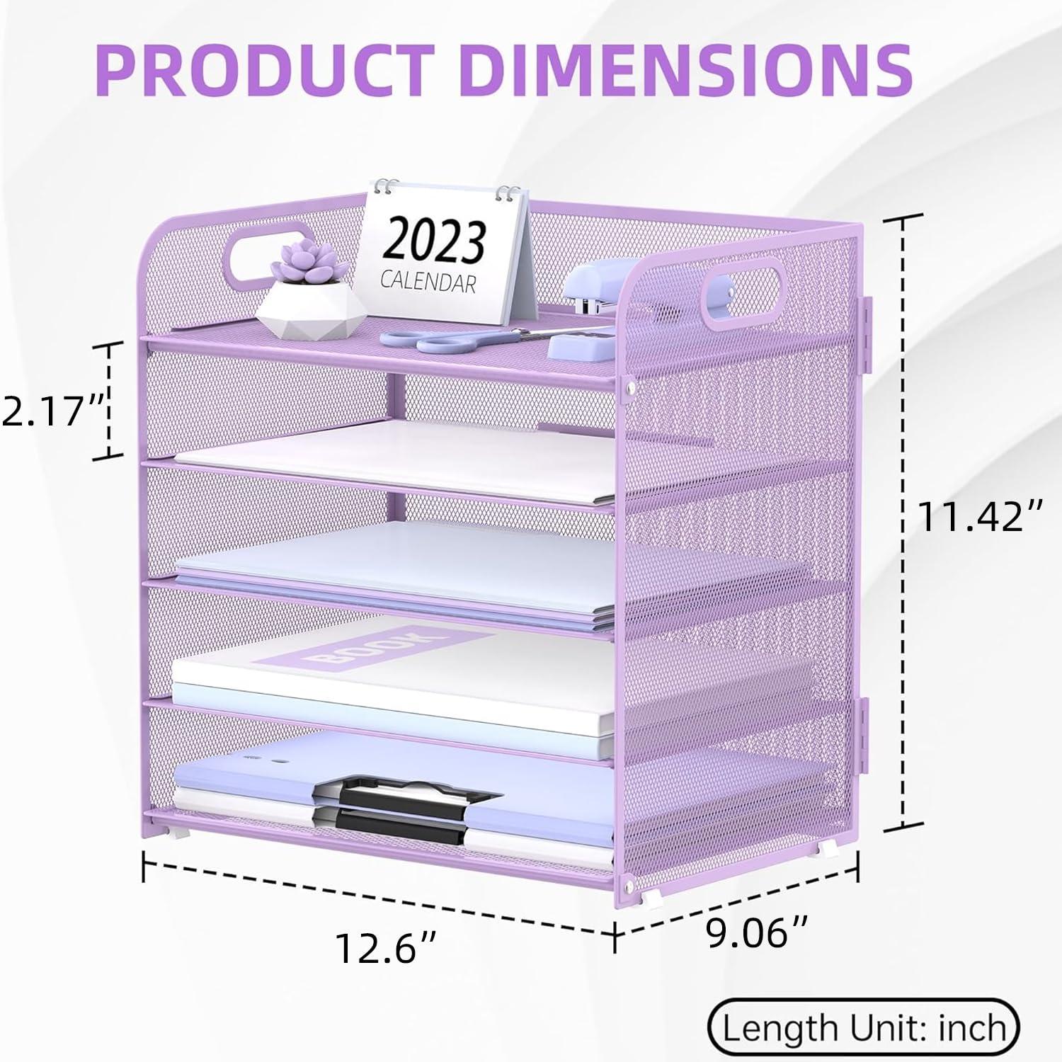 Marbrasse Paper Organizer Letter Tray, 5 Tier Mesh File Organizer with Handle, Paper Sorter Desk Organizer for Home Office Supplies - Purple