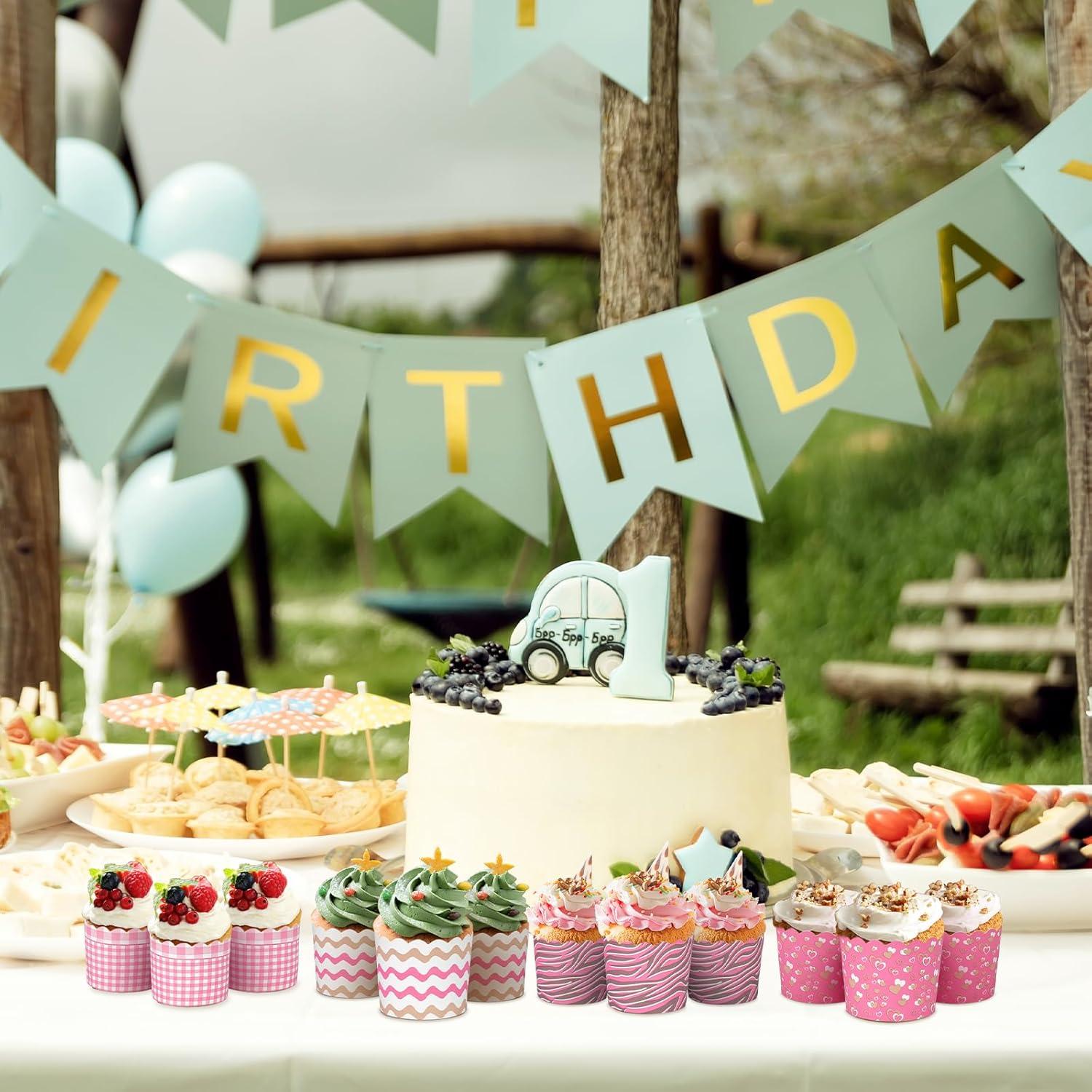 100pcs Baking Paper Cupcake & Muffin Liners - 2.4 Inches, No Baking Pan Needed, Thick & Sturdy, High Temperature & Oil Resistant, Non-stick - Pink Serie 4 Patterns, Model BK011