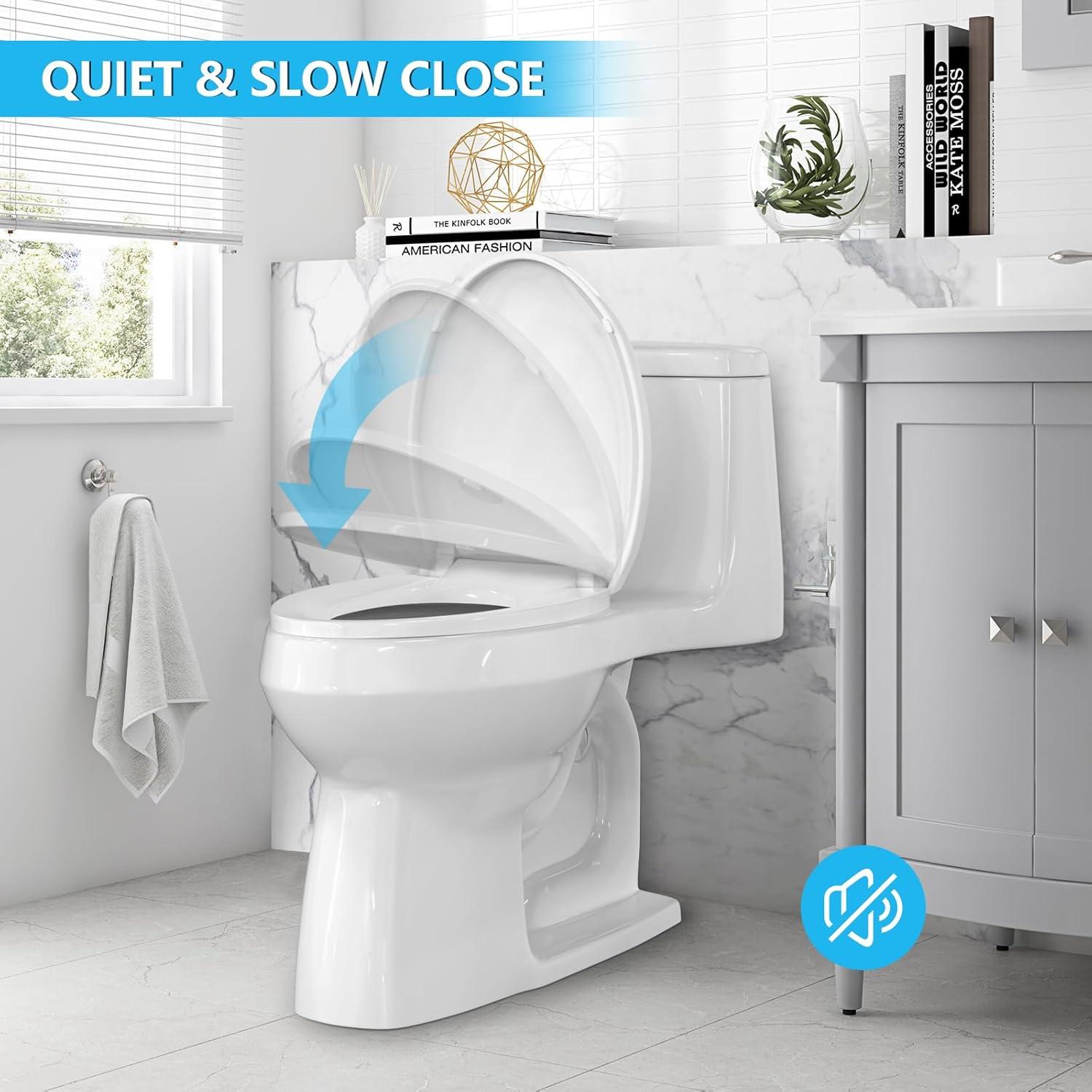 CR108 Toilet Seat, Upgrade Elongated Toilet Seat with Soft Close, Easy Clean, Non Slip, High Performance PP Material, White, 18.5"