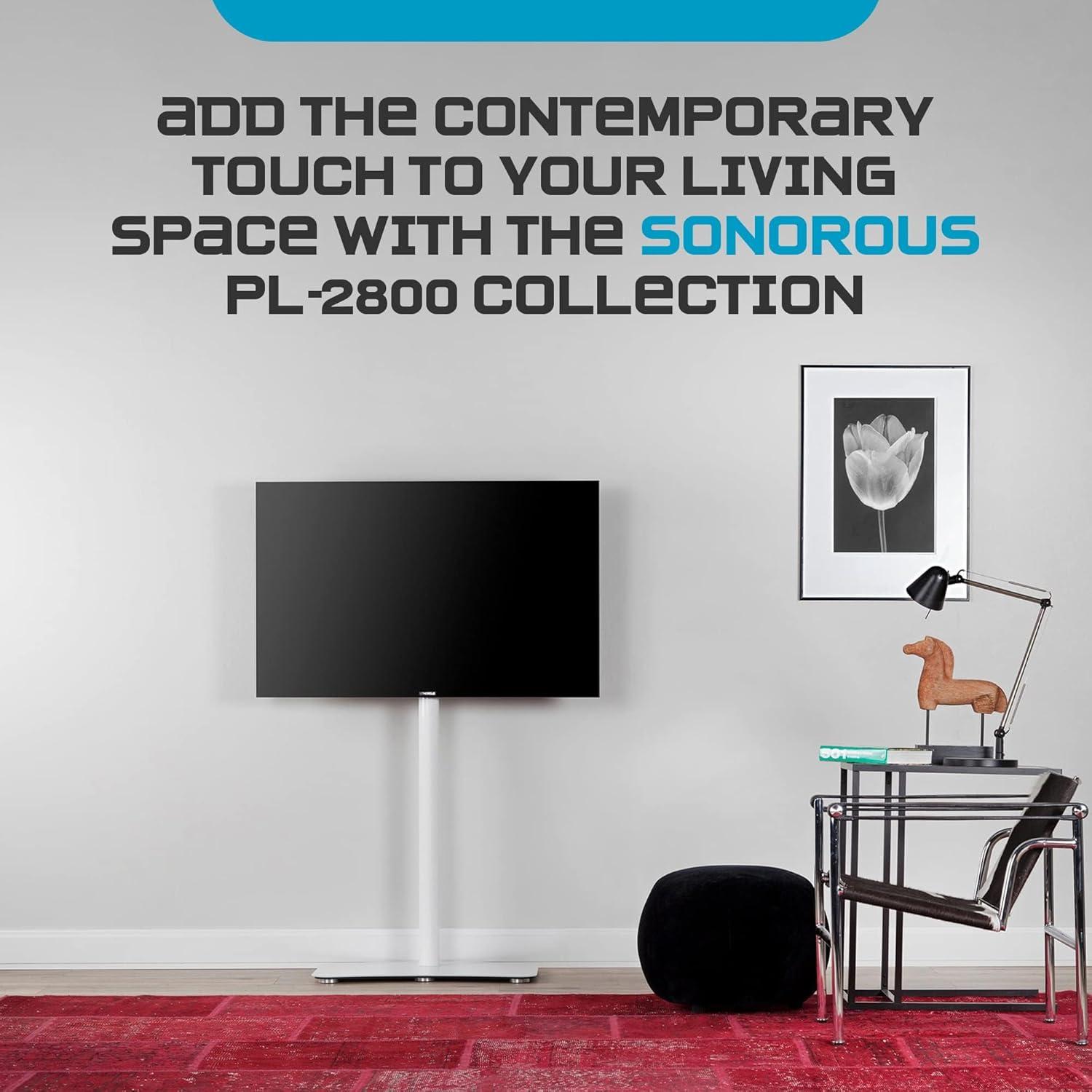 SONOROUS TV Stand PL2800 WHT for Up to 65 Inches TV - Floor Stand TV Bracket for LCD, LED & Flat Screen - Fixed TV Stand with Tempered Glass Base, 45 Degree Swivel & Wire Management - White