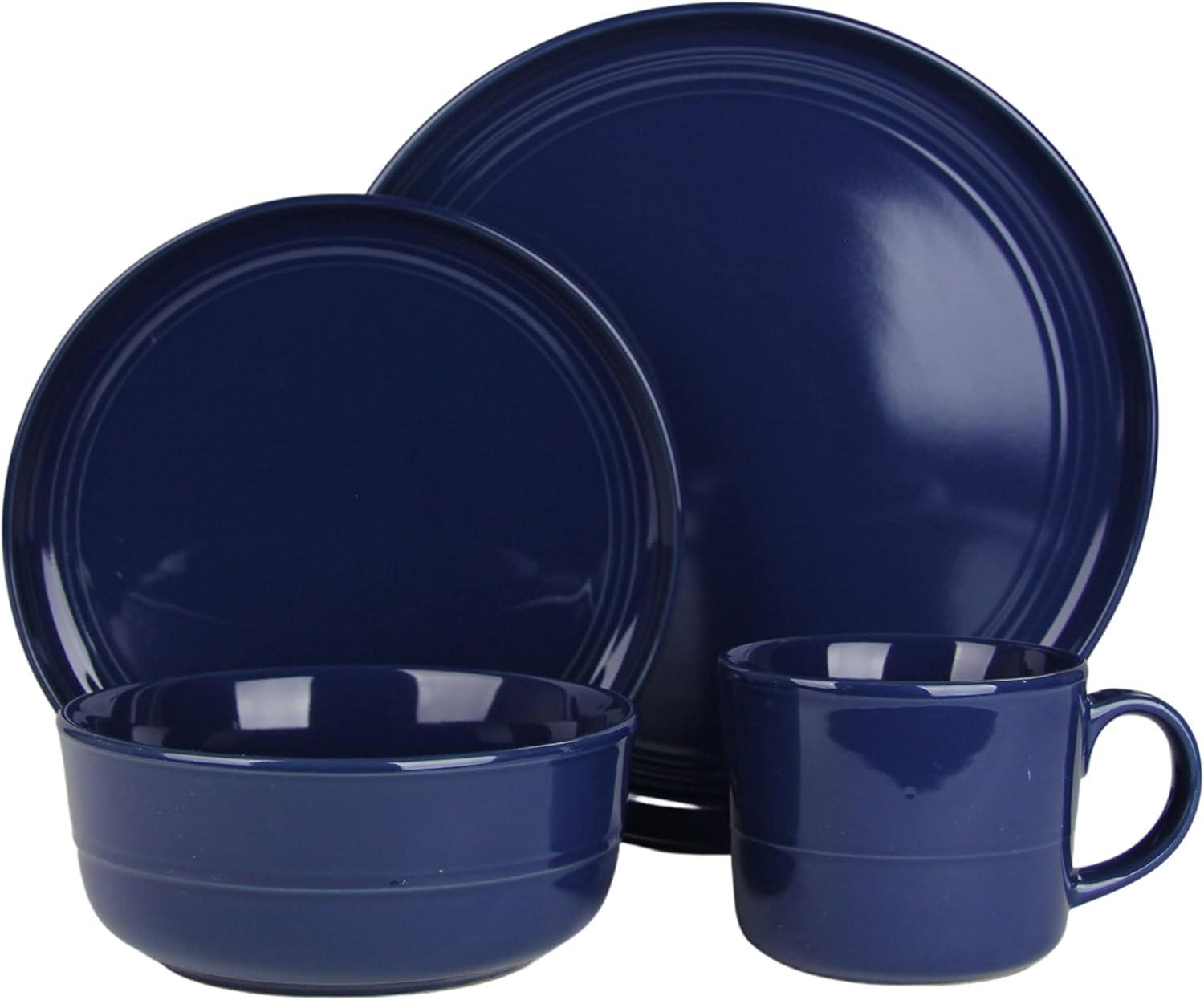 10 Strawberry Street Double Line 16 Piece Stoneware Dinnerware Set, Cobalt Blue