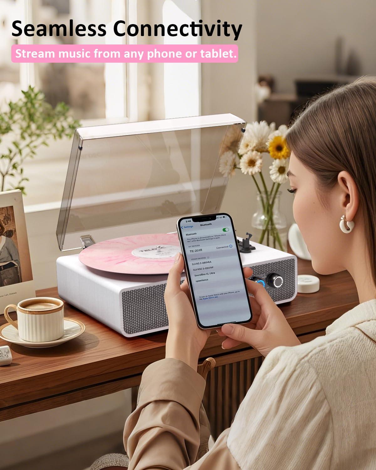 Vinyl Record Player with Upgraded Built-in Speakers, 3-Speed Belt-Driven Bluetooth Turntable for Vinyl Records, White Wood Grain Vintage Phonograph with RCA Out & AUX in, Auto Stop, MDF Cabinet