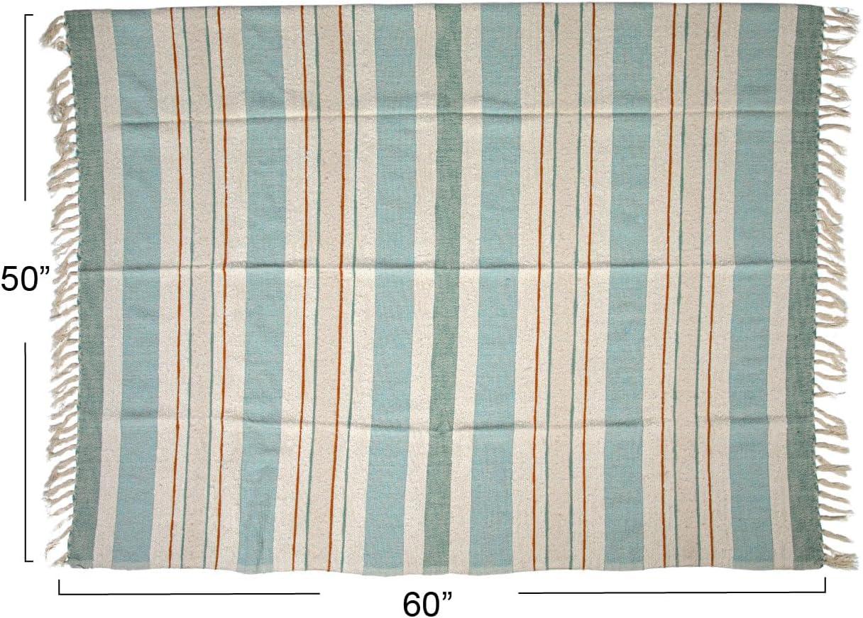 Blue and Cream Striped Cotton Throw with Fringe