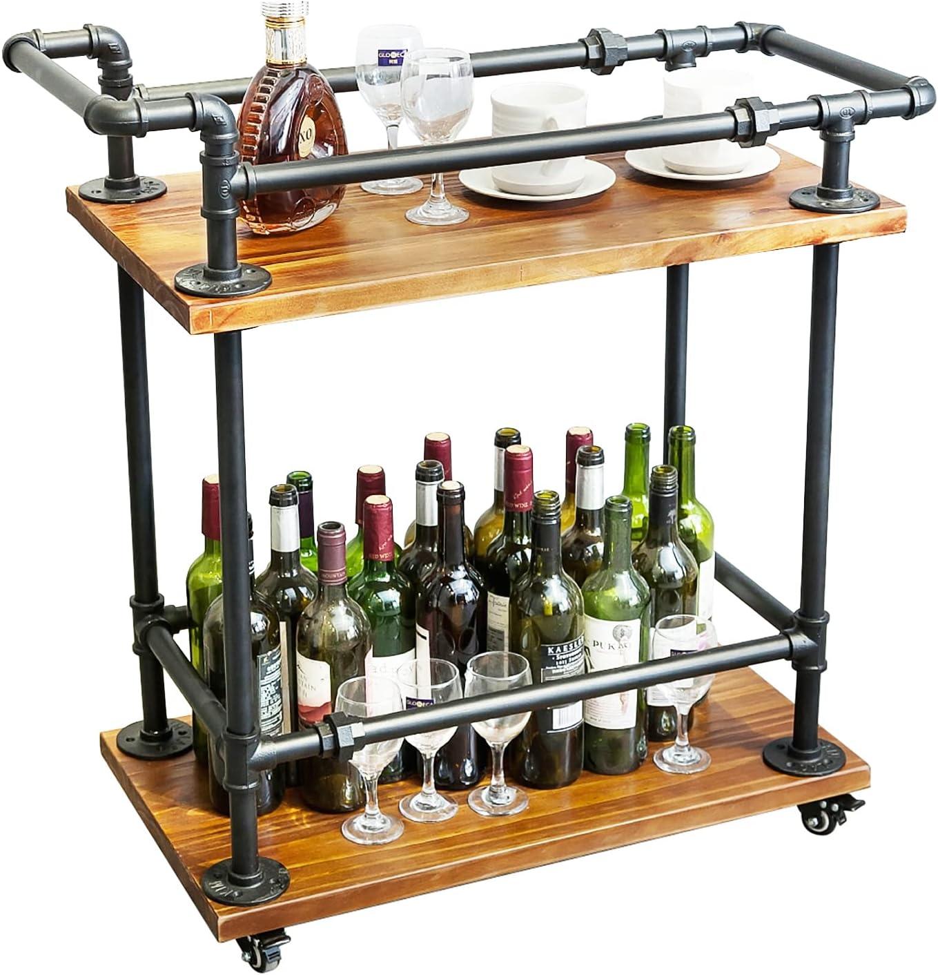 Industrial Bar Carts/Serving Carts/Kitchen Carts/Wine Rack Carts on Wheels with Storage - Industrial Rolling Carts - Wine Tea Liquor Shelves/Holder - Solid Wood and Metal Home Furniture