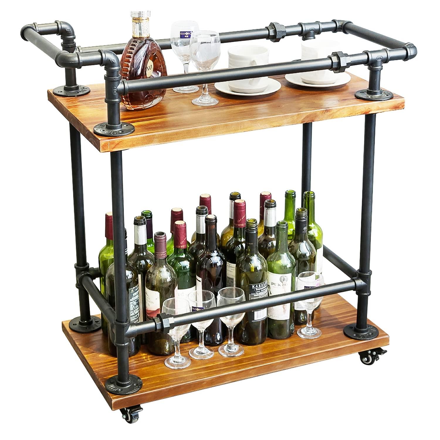 Industrial Bar Carts/Serving Carts/Kitchen Carts/Wine Rack Carts on Wheels with Storage - Industrial Rolling Carts - Wine Tea Liquor Shelves/Holder - Solid Wood and Metal Home Furniture