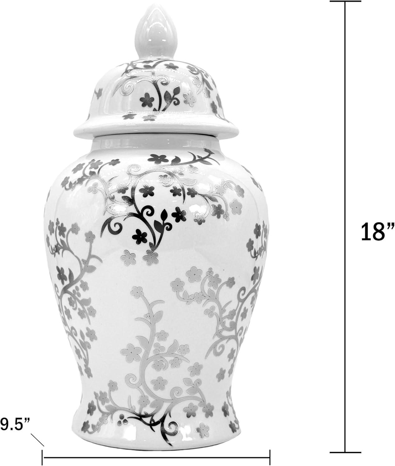 Silver and White Floral Ceramic Ginger Jar with Lid, 18"