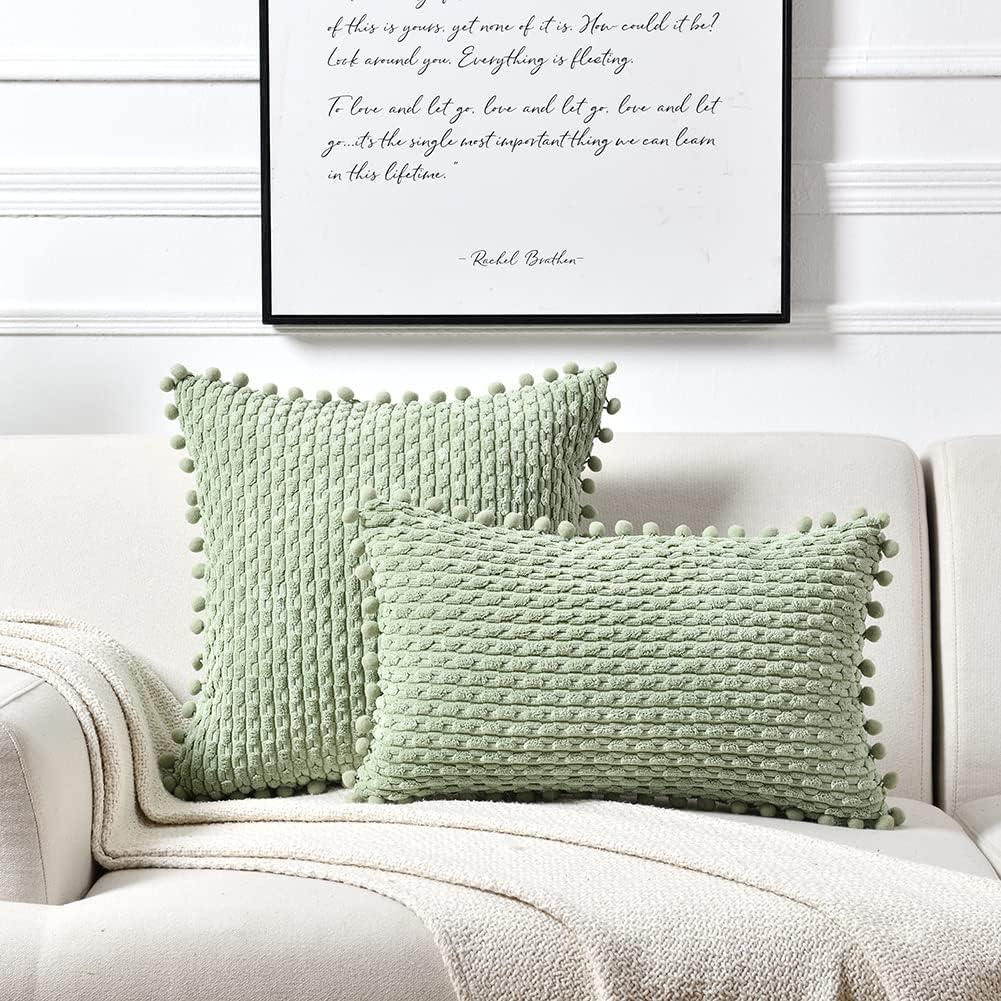 Fymlhomi 2 Packs Sage Green Decorative Throw Pillow Covers 18x18 Inch for Couch Bed Sofa, Modern Farmhouse Boho Home Decor, Soft Cute Plush Corduroy Cushion Case 45x45 CM