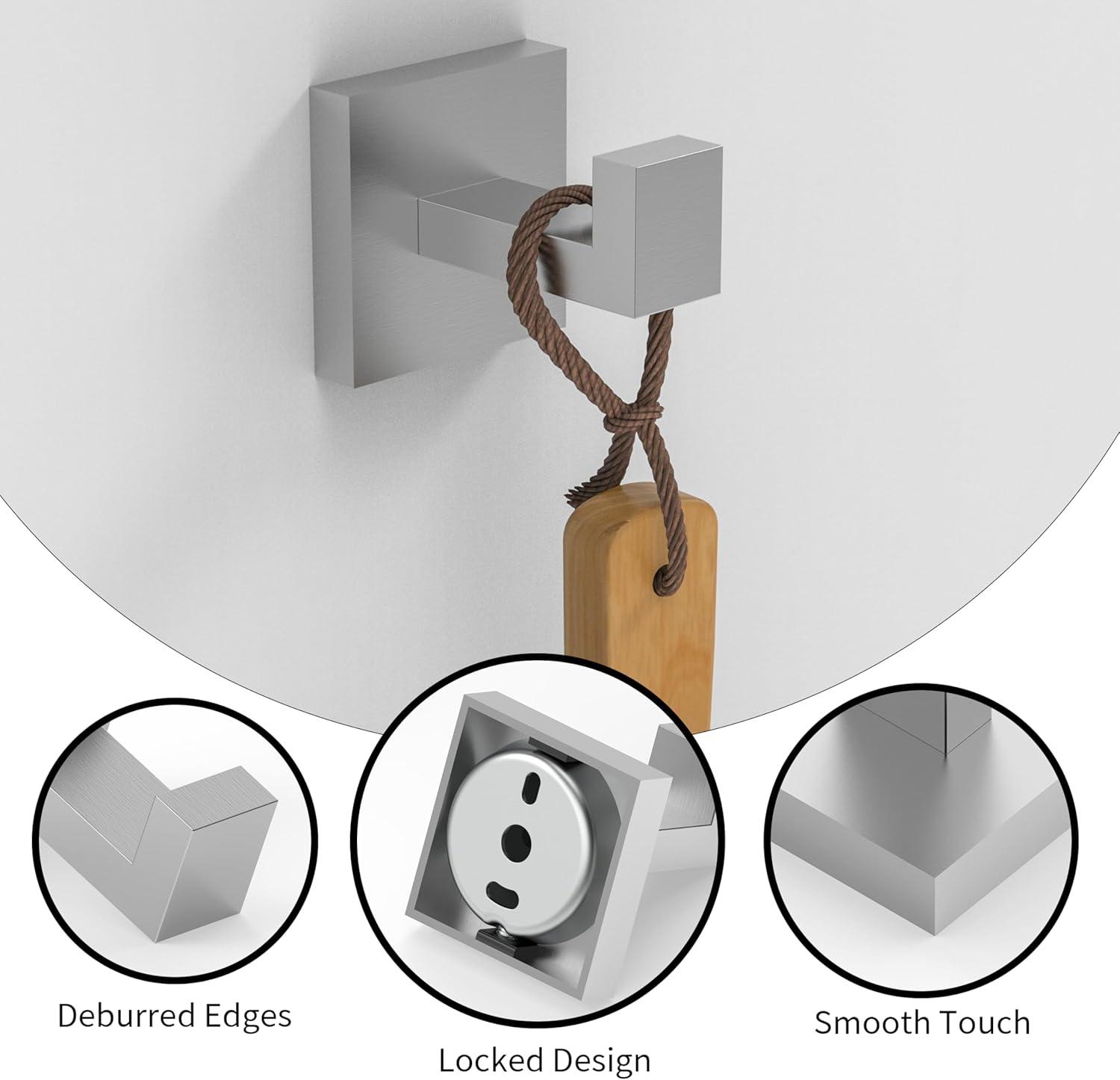 Brushed Nickel Stainless Steel Square J-Hook Towel and Robe Hooks