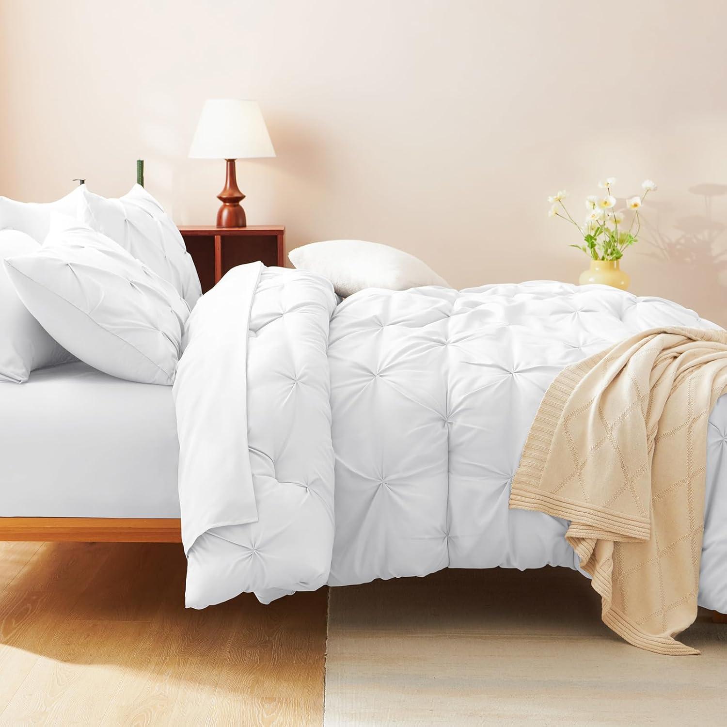 Cozy Comfort White King Comforter Set - 7 Pieces Pintuck Bed in A Bag, Bedding Sets with Comforters, Sheets, Pillowcases & Shams