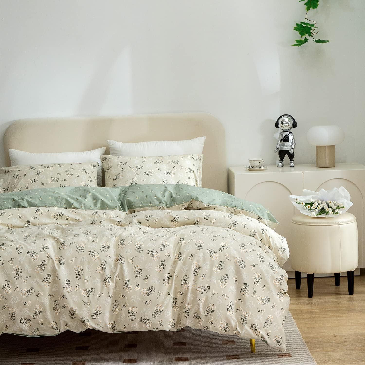 Floral Comforter Set King 3 Pieces Soft Chic Garden Style Green Floral Print Lightweight Botanical Flower Comforter Set for All Seasons 1 Comforter and 2 Pillowcases