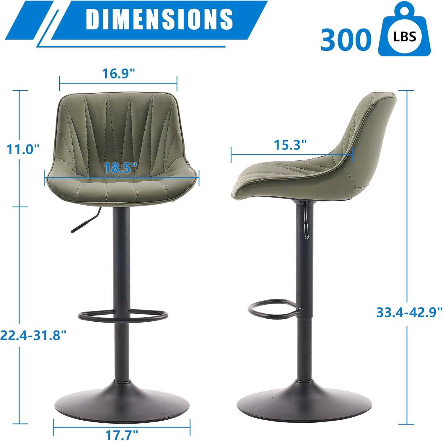 YOUNIKE Faux Leather Upholstered Bar stools Set of 2, Adjustable Swivel Bar Chair, Counter Height Chairs with Back and Footrest, Olive Green