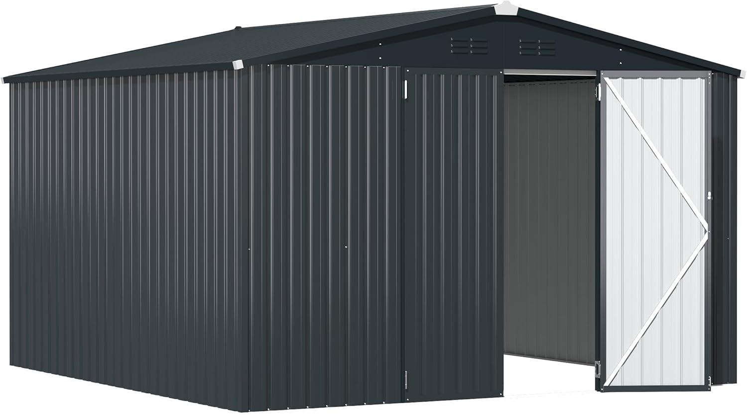 AECOJOY 12' x 12' Outdoor Storage Shed with Lockable Door Patio Metal Garden Storage Building in Dark Gray for Outside