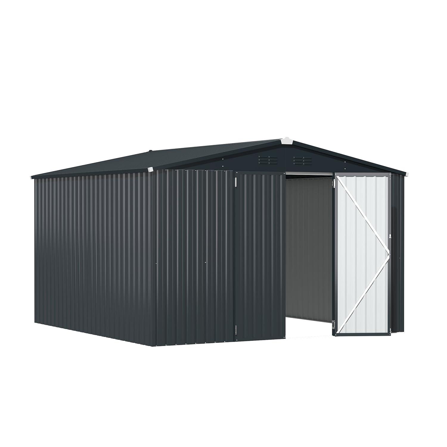 AECOJOY 12' x 12' Outdoor Storage Shed with Lockable Door Patio Metal Garden Storage Building in Dark Gray for Outside