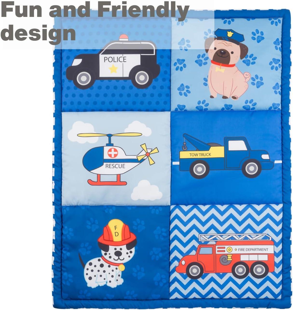 EVERYDAY KIDS 4 Piece Toddler Bedding Set -Fire and Police Rescue- Includes Comforter, Flat Sheet, Fitted Sheet and Reversible Pillowcase