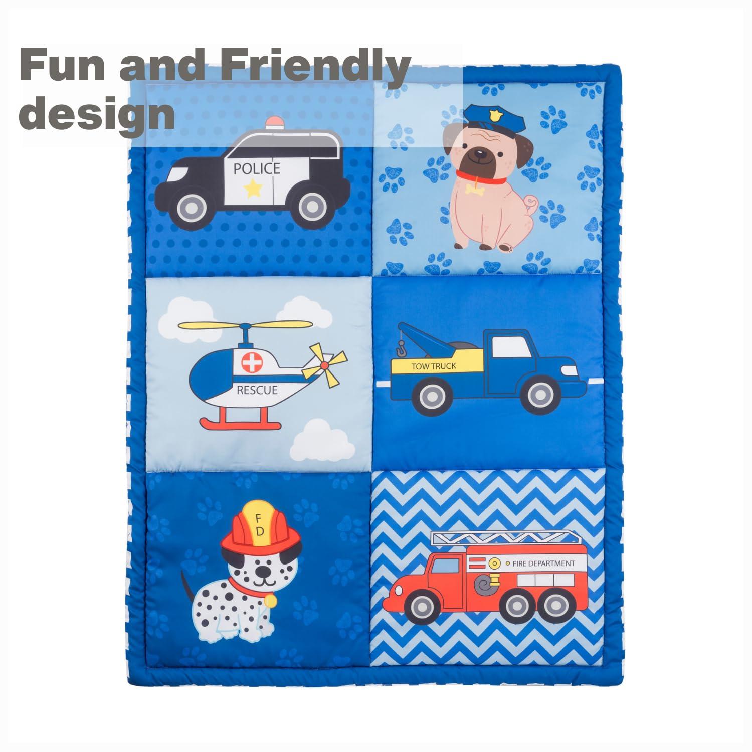 EVERYDAY KIDS 4 Piece Toddler Bedding Set -Fire and Police Rescue- Includes Comforter, Flat Sheet, Fitted Sheet and Reversible Pillowcase