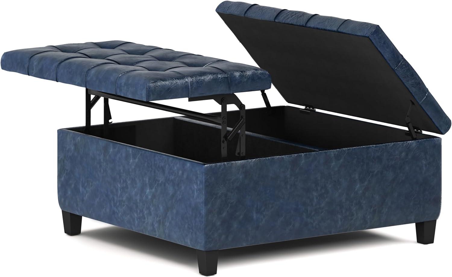 Simpli Home Harrison 36"W Upholstered Square Coffee Table Storage Ottoman with Split Lift Top