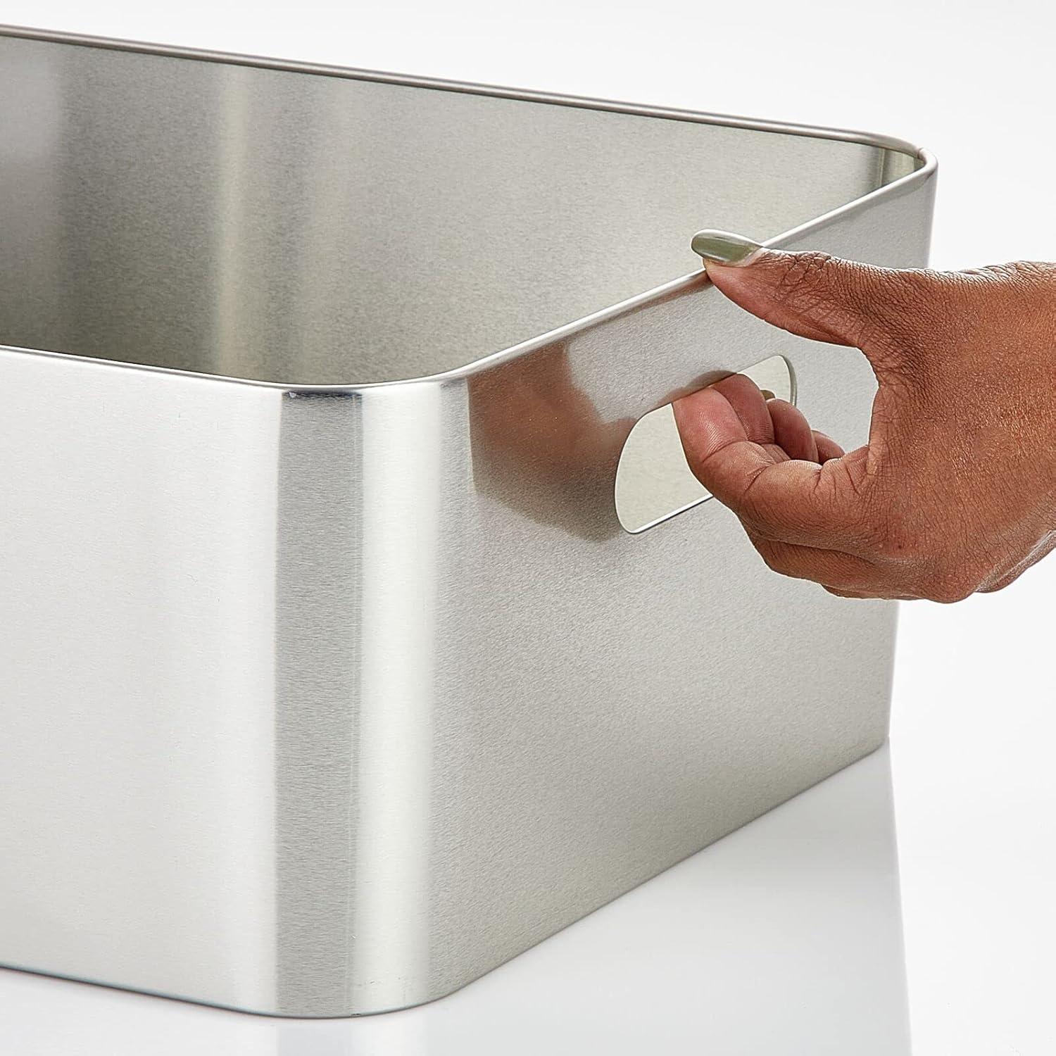 mDesign Steel Metal Storage Container Bin Basket, Handle - Kitchen Pantry, Cabinet, Fridge, Drawers, Freezer Organization - Food/Snack Holder Crates, 12" Wide - Mirri Collection, Brushed Chrome
