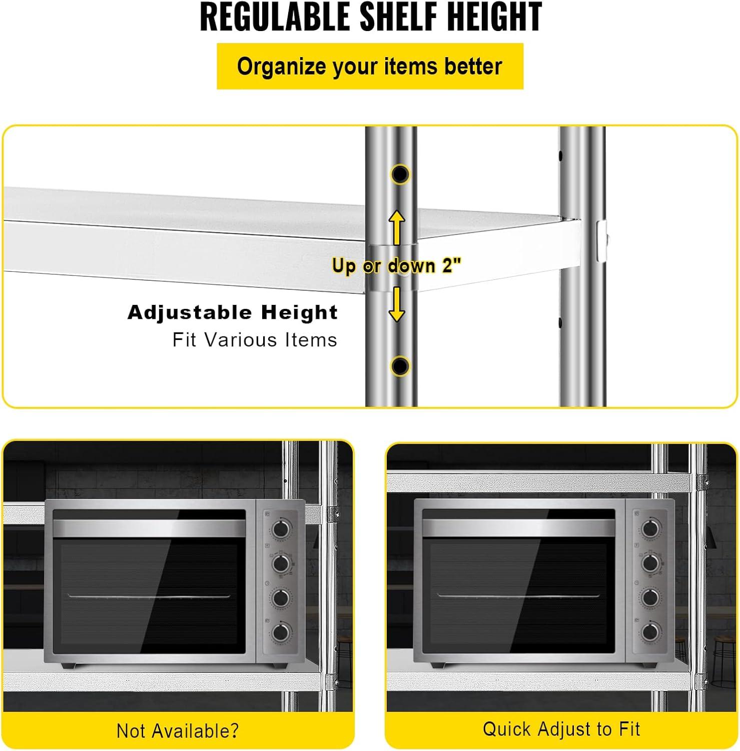 VEVORbrand Stainless Steel Shelving 46.8x18.5 inch 4 Tier Adjustable Shelf Storage Unit Stainless Steel Heavy Duty Shelving for Kitchen Commercial Office Garage Storage 330lb Per Shelf