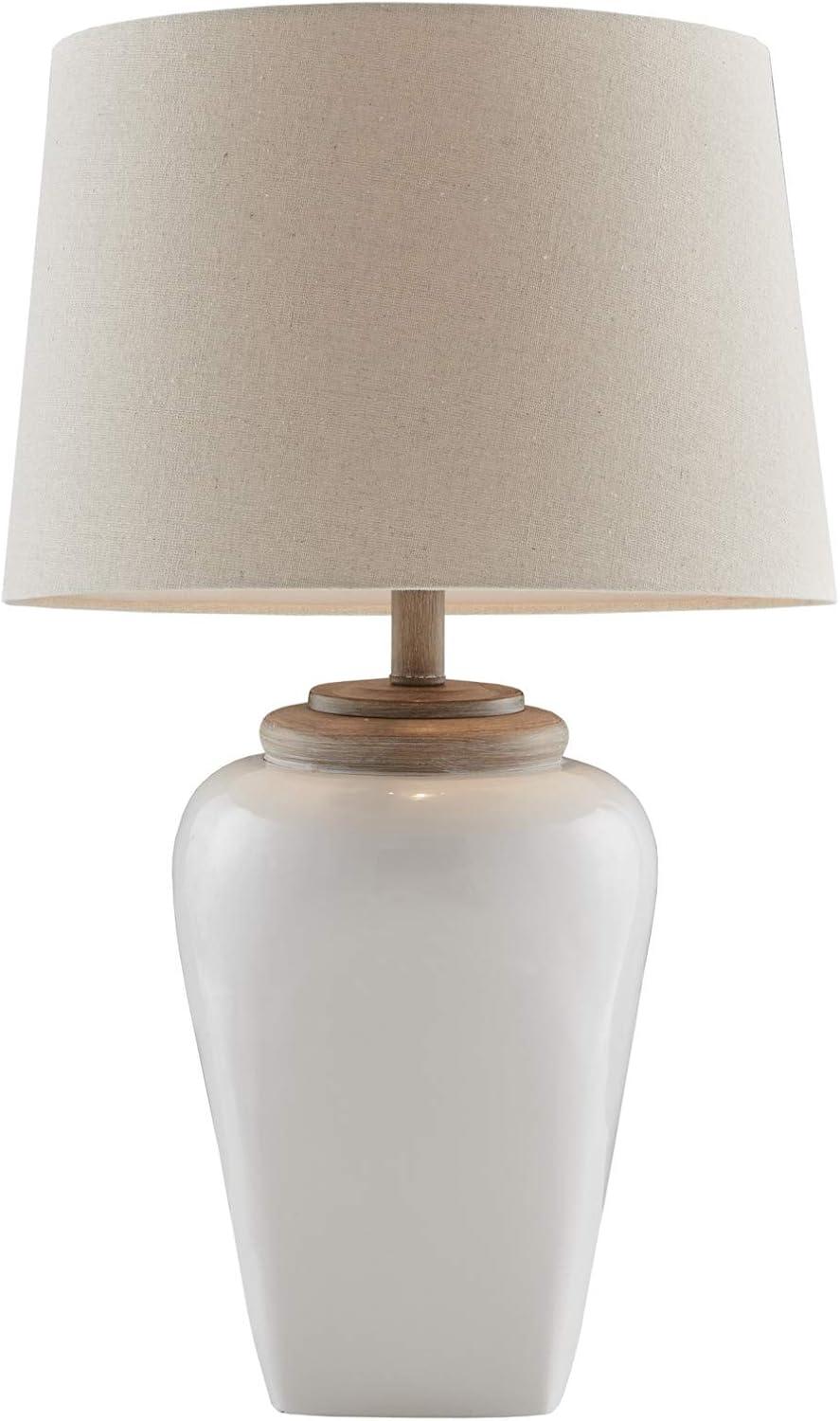 White Ceramic Table Lamp with Light Wood Accents and Empire Shade