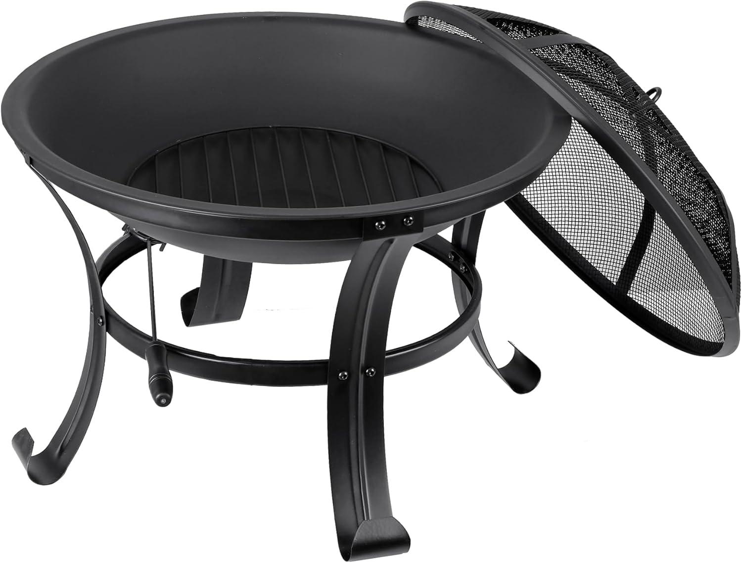 22-Inch Black Steel Round Fire Pit with Mesh Lid