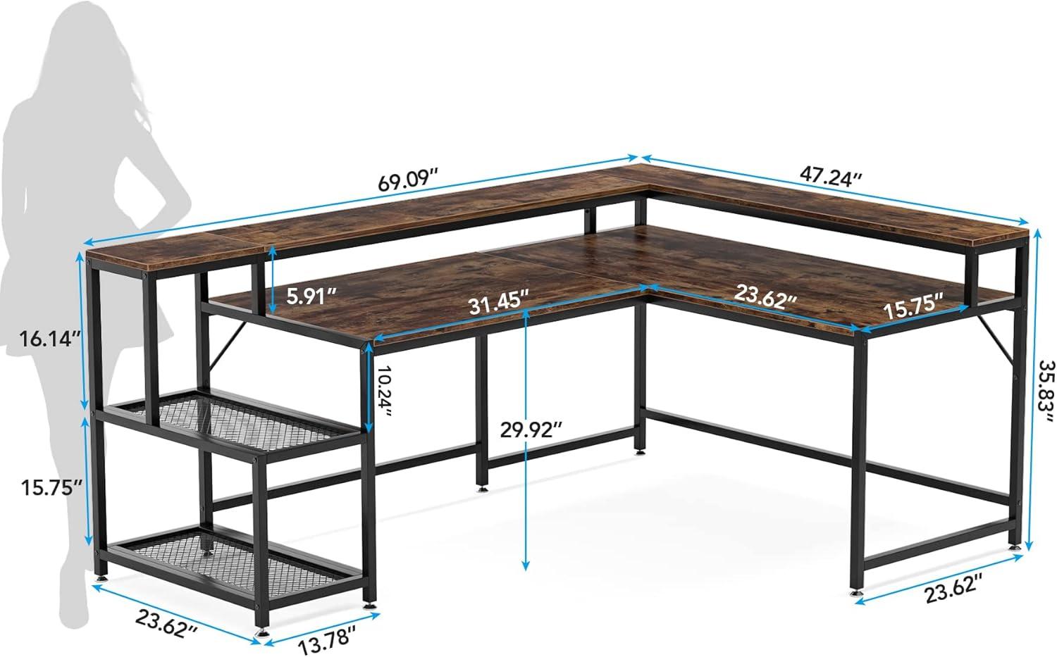 Extra Large Brown L-Shaped Computer Desk with Storage Shelves